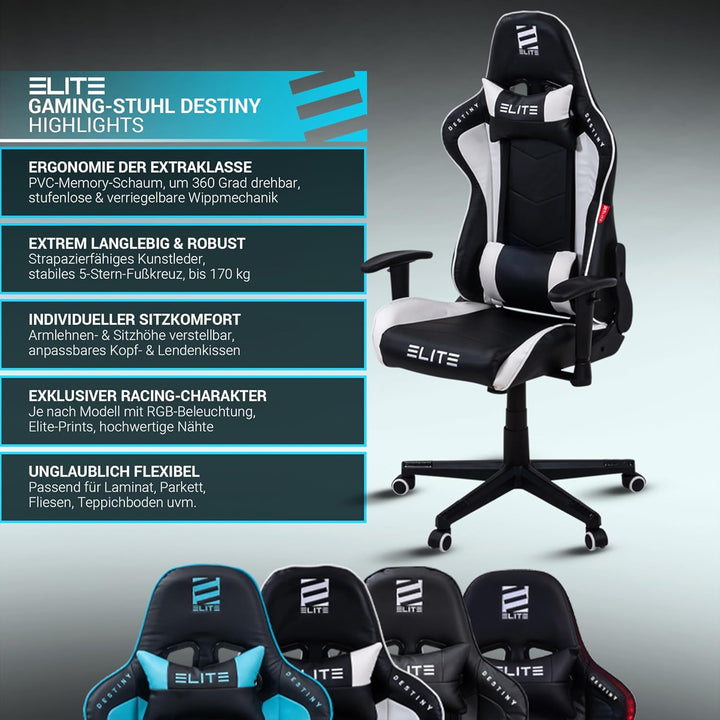 ELITE LED Gaming Stuhl MG200 Destiny - Ergonomischer Bürostuhl - Schreibtischstuhl - Chefsessel - Se