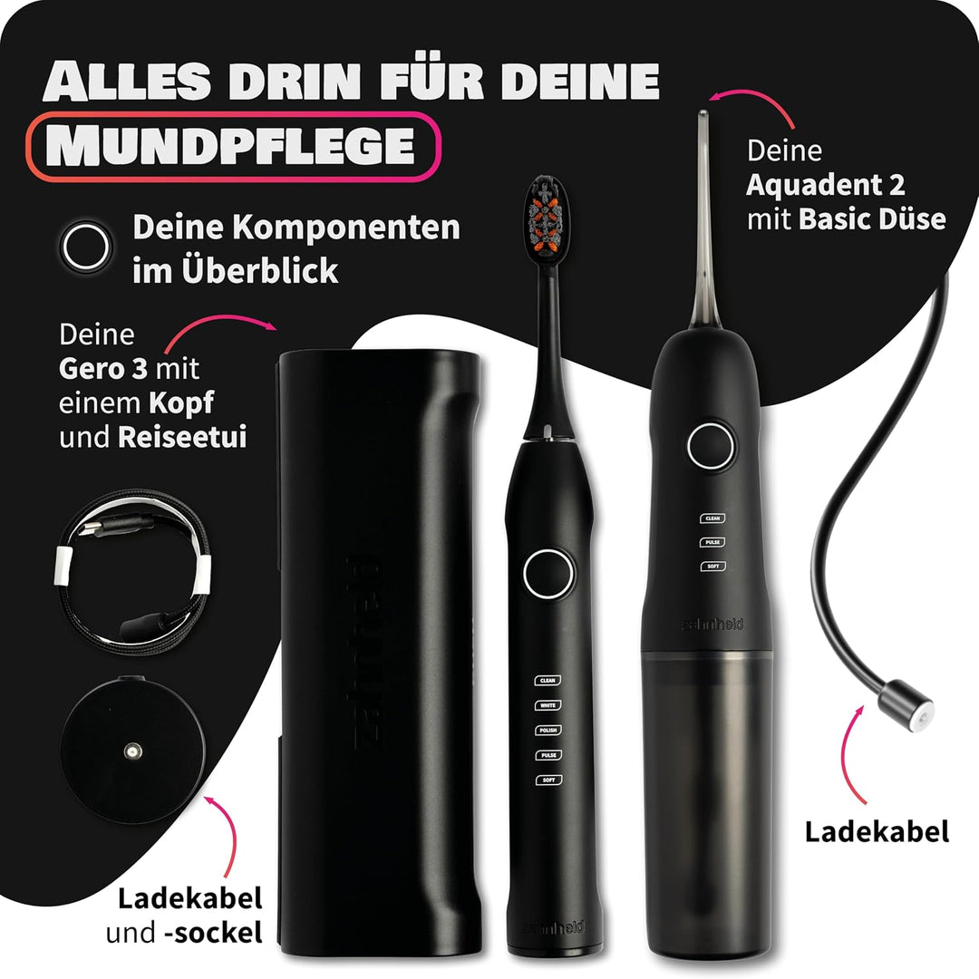 Zahnheld® Super-Set, elektrische Schallzahnbürste GERO + Munddusche AQUADENT | inkl. Bürstenkopf & R