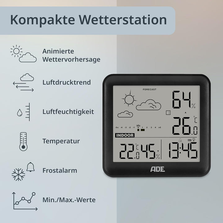 ADE Kleine digitale Wetterstation funk mit Aussensensor und Wettervorhersage | Innen- und Aussentemp