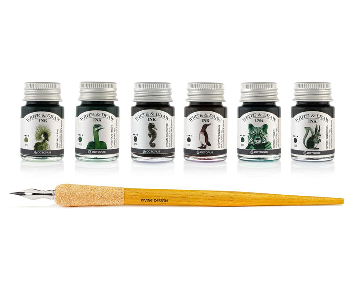 Write and Draw Ink Set FOREST, Schreib- und Zeichentusche, 6 x 10 ml mit Schreibfeder FOREST 60 ml,