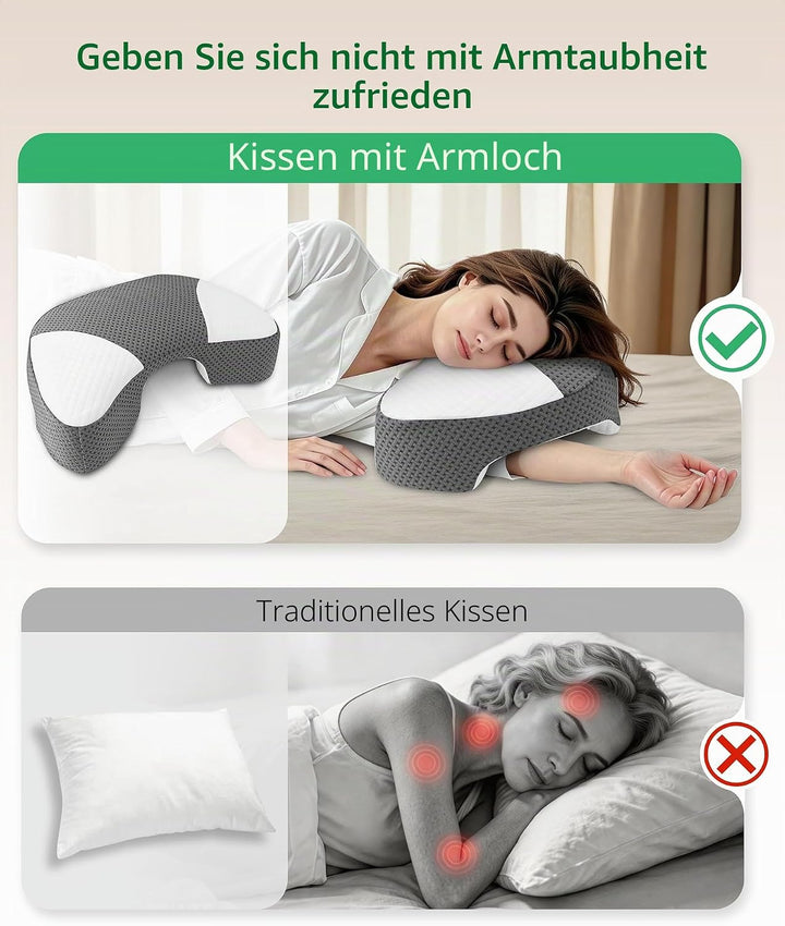 Seitenschläferkissen mit Armloch, Memory Foam, 55/38x35.5x15cm | Nackenkissen Ergonomisches Kopfkiss