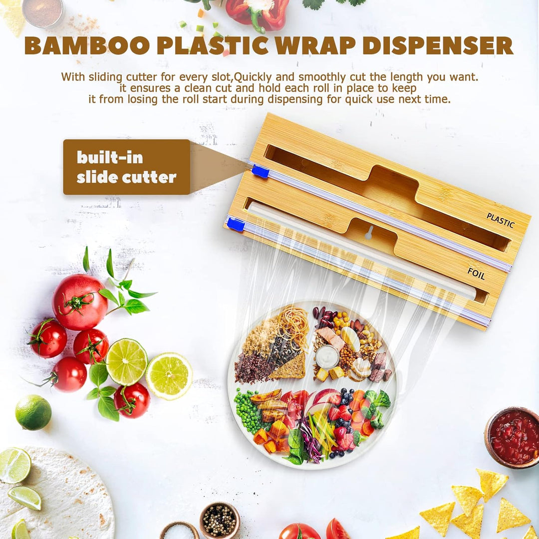 QINGLOU Folienschneider,2 in 1 Folienspender Mit Cutter, Bambus/Folienabroller,Frischhaltefolie, Wac