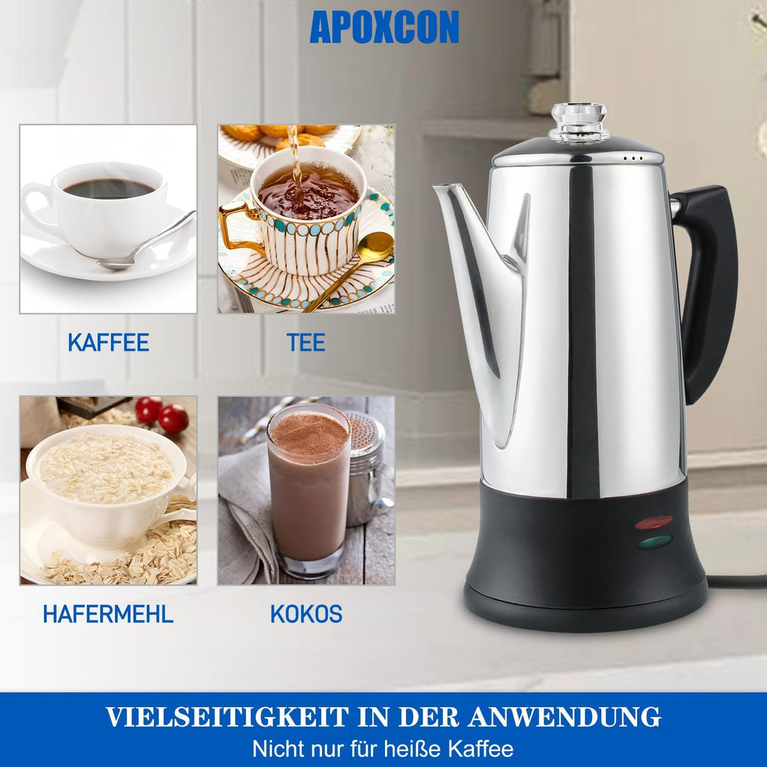 Elektrischer Kaffee Perkolator für 12 Tassen – CE-zertifiziert, Klassischer Kaffeebehälter mit Hitze