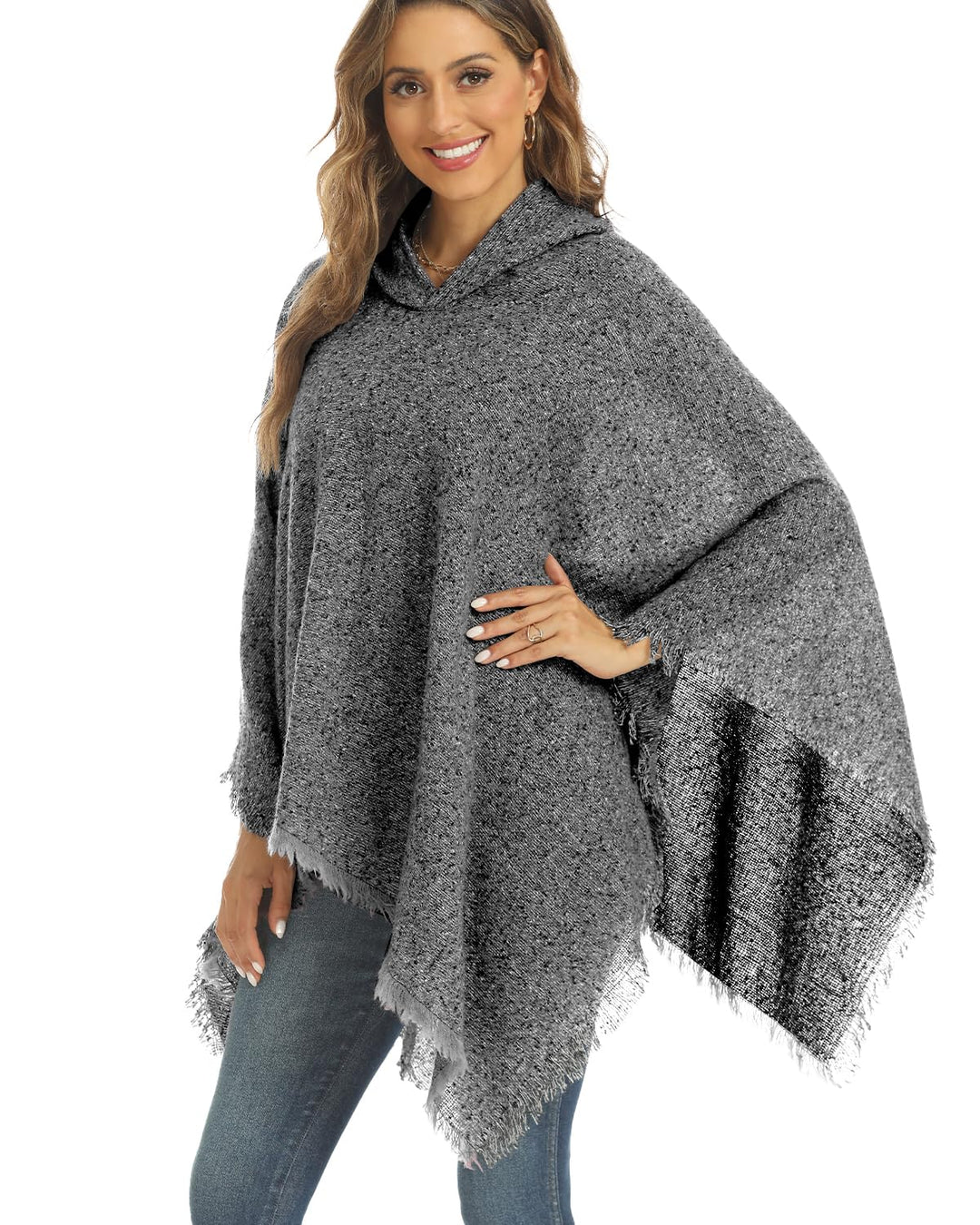 crazy bean Poncho Damen mit Kapuze mit Fransen Cape Damen Winter Warm Winddichte V-Ausschnitt Poncho
