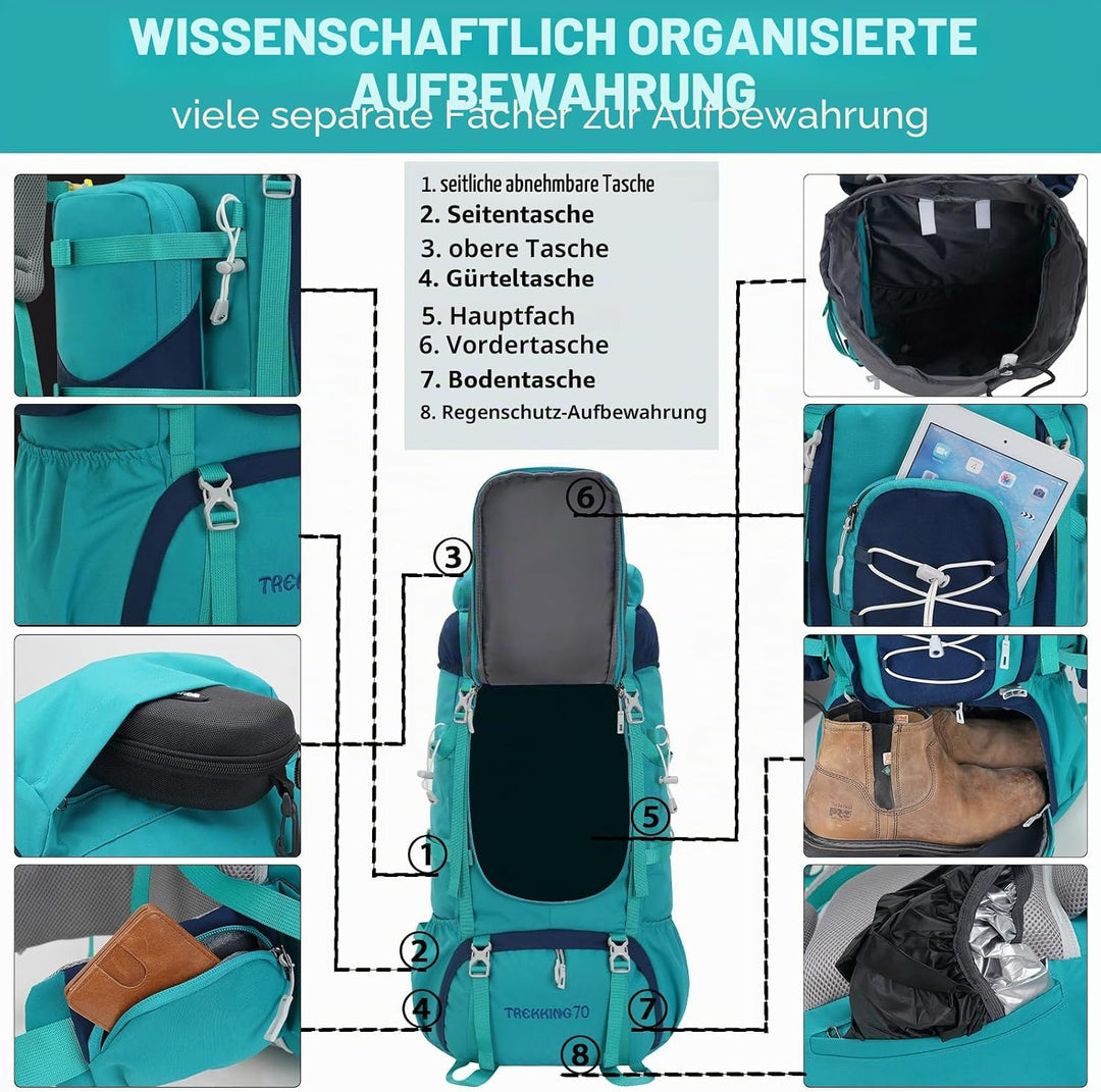Bseash 70L (65+5) Wasserdichter Wanderrucksack mit Regenschutz, Outdoor-Sport, Reisen, Tagesrucksack