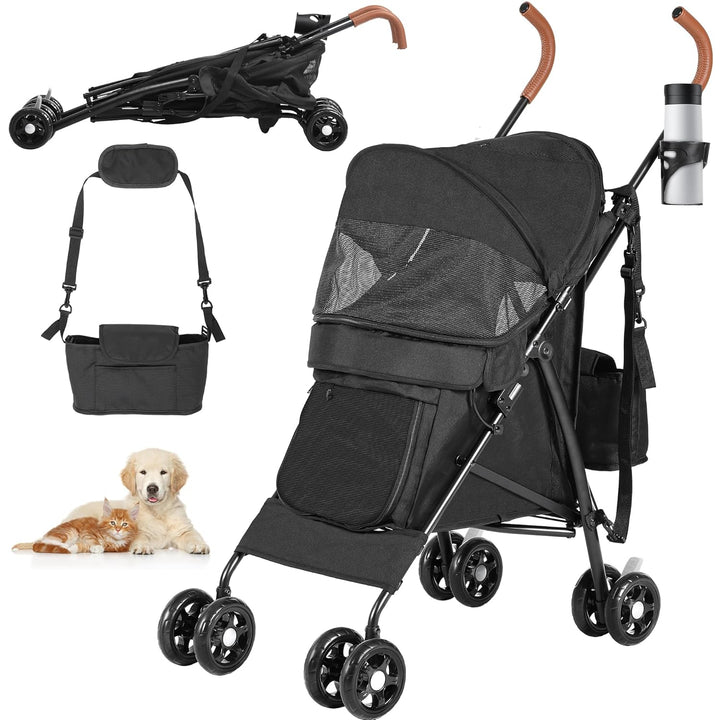 YITAHOME Hundewagen Haustiere Buggy bis 11,3kg, Hundebuggy mit Netzfenstern & Getränkehalter & Ablag