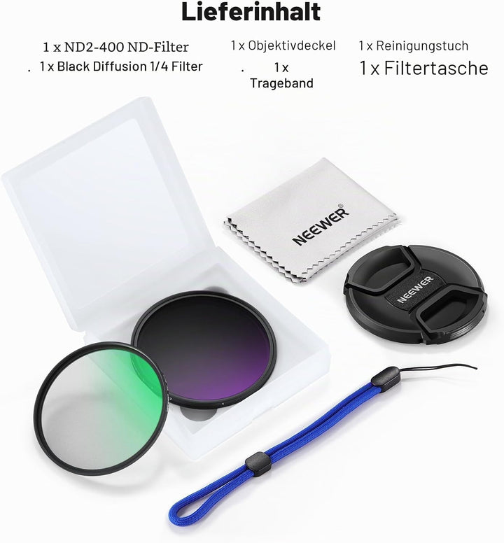 NEEWER 67mm Variable ND 2-400 &amp; Black Diffusion 1/4 Filter für einen filmischen Nebeleffekt, 2 Pack