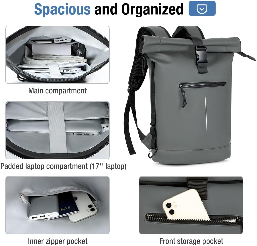 Lekeinchi Rolltop Rucksack Wasserdicht für Damen &amp; Herren, Grosser Laptop Rucksack mit Computerfach