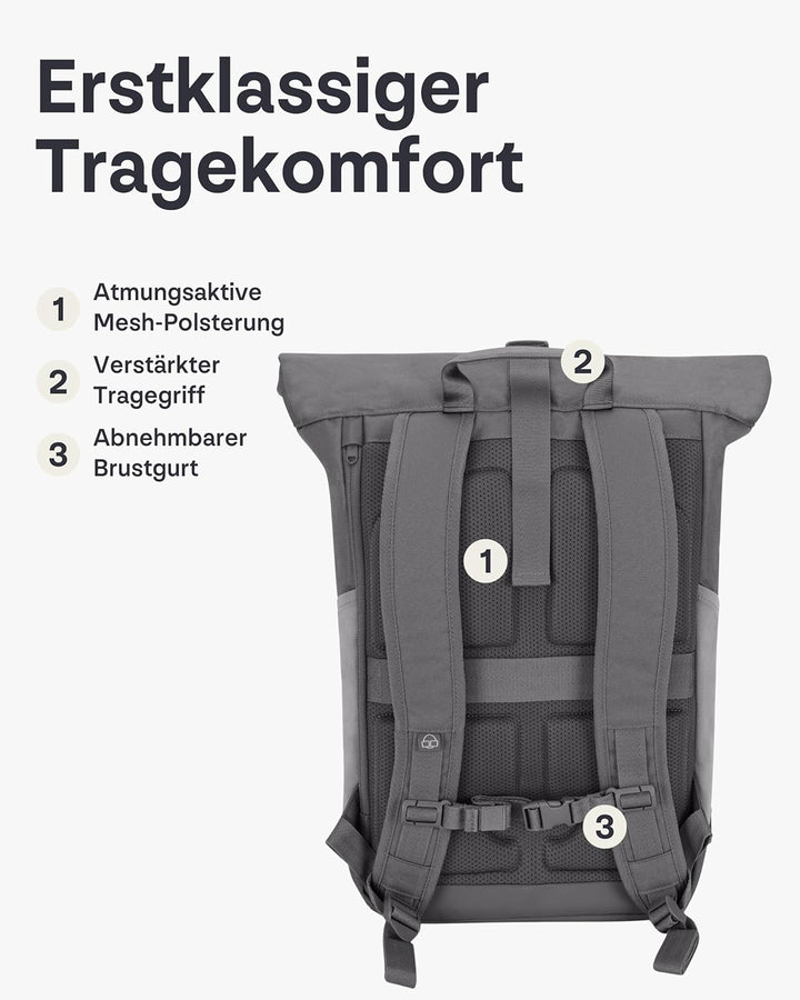 Johnny Urban Rolltop Rucksack Damen &amp; Herren Gross Grau - Allen Large - Laptop Backpack für Uni, Bus