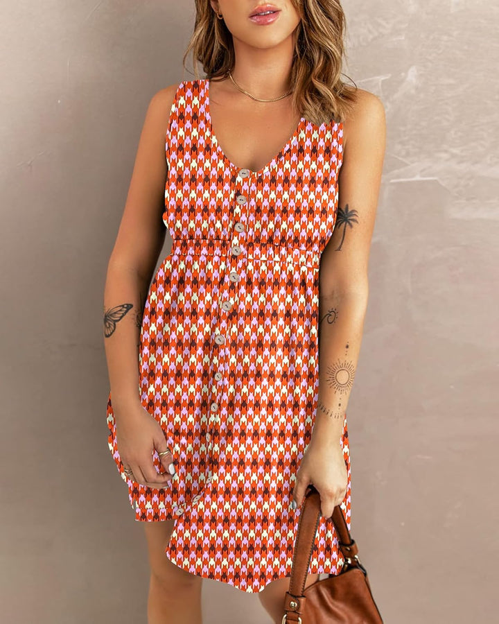 AUSELILY Sommerkleid Damen Ärmellos V-Ausschnitt Minikeid Casual Button Down Strandkleid mit Taschen