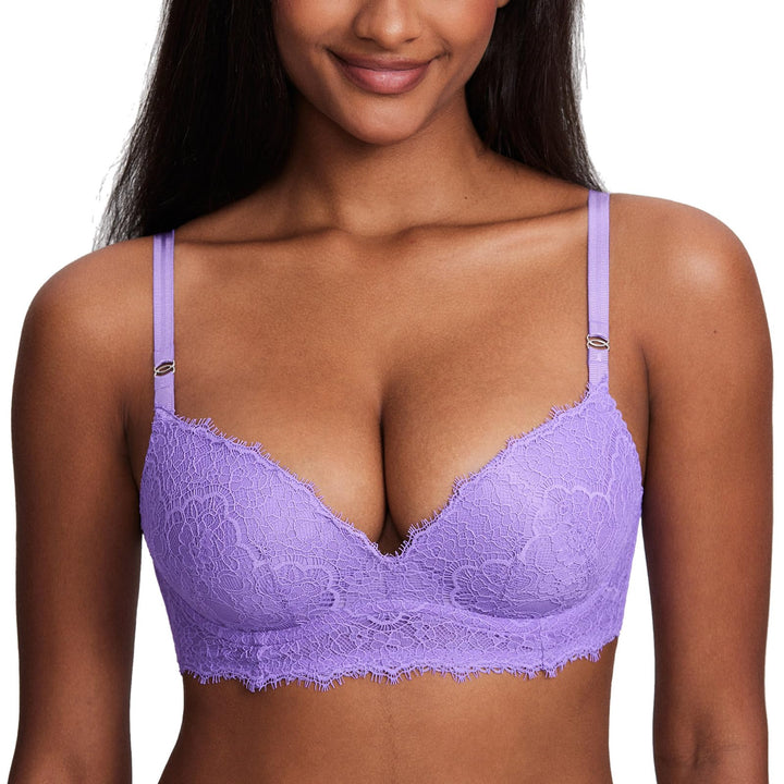 DOBREVA Damen Push Up BH ohne Bügel Soft Spitze Bügelloser BHS Sexy Bequem Gepolstert 80D Himmelviol