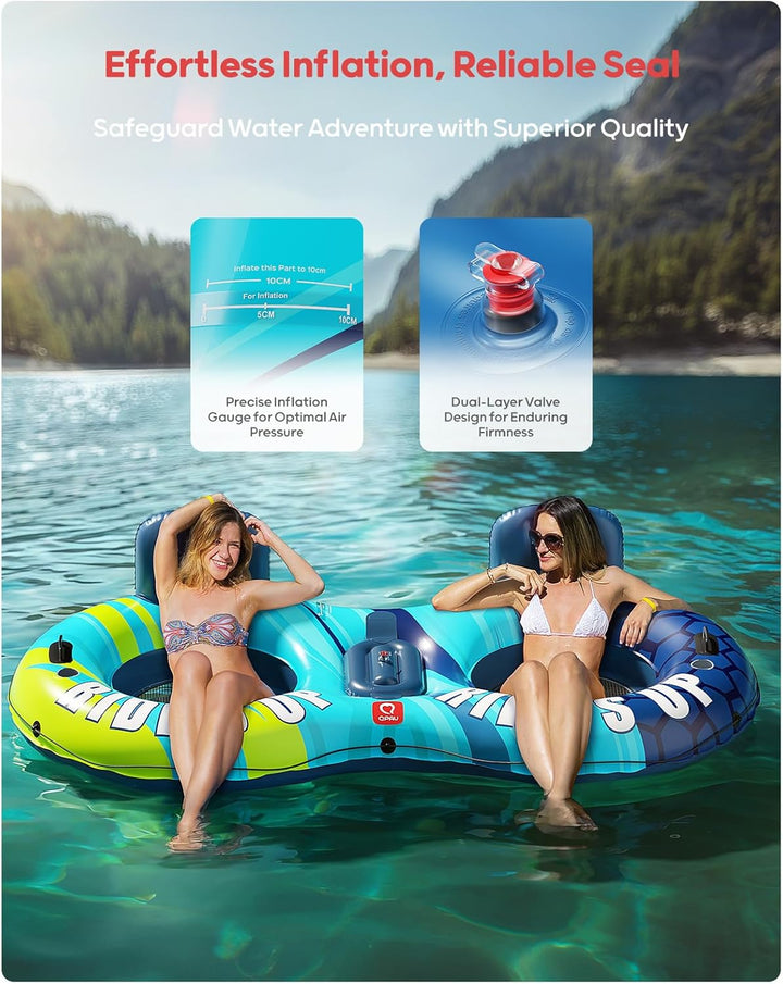 'QPAU Inflatable Double River Tube, 2 Person 660lb Capacity, Puncture-Resistant 93'' Sturdy Heavy Du