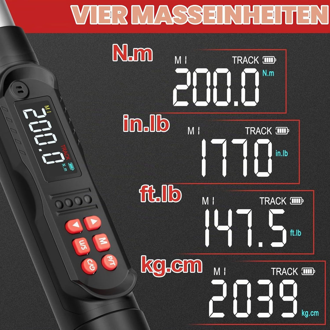 VANPO Digitaler Drehmomentschlüssel 1/2 Zoll Set, 10-200 Nm Drehmomentschlüssel Auto mit LCD-Display