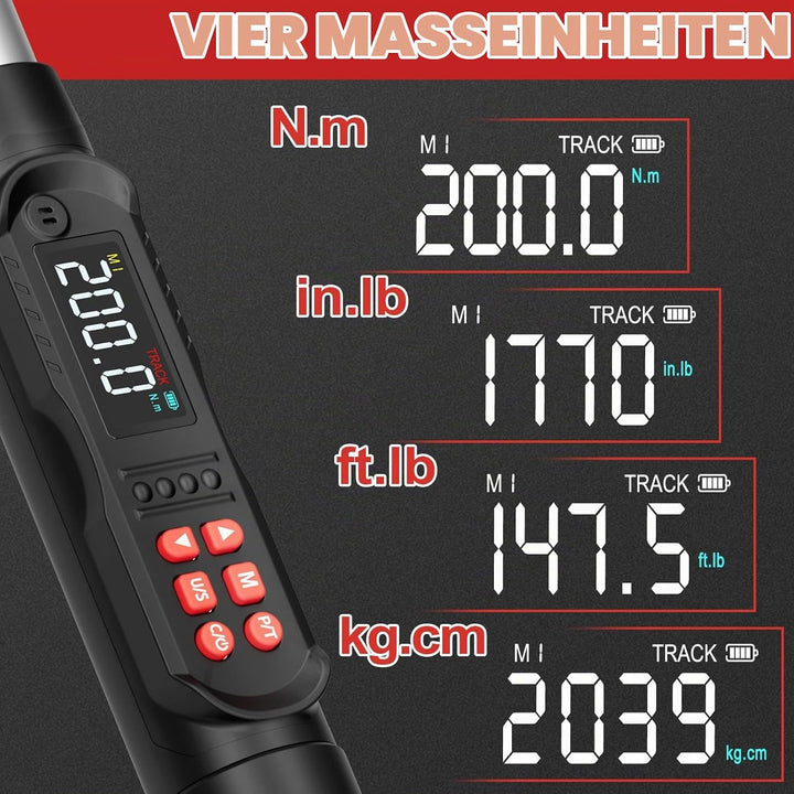 VANPO Digitaler Drehmomentschlüssel 1/2 Zoll Set, 10-200 Nm Drehmomentschlüssel Auto mit LCD-Display