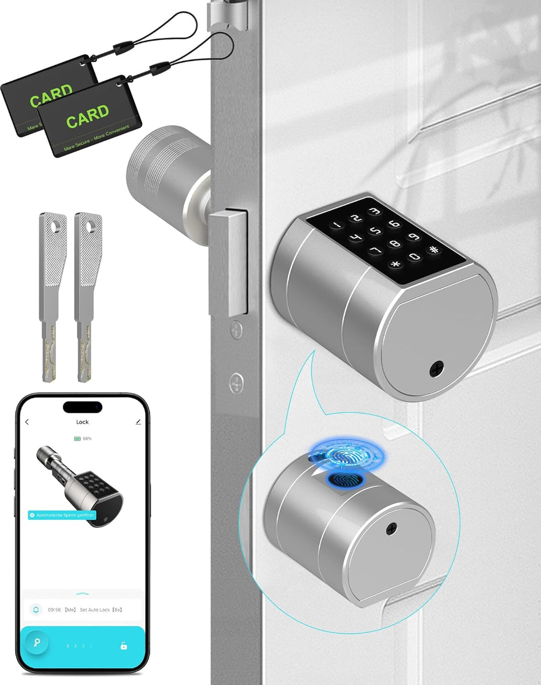 Eseesmart Türschloss Fingerabdruck, Fingerabdruck Schloss mit Zahlencode RFID Schlüssel APP, Elektri