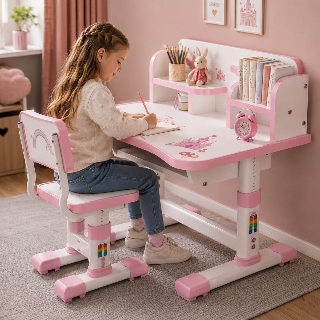 Kinderschreibtisch Set mit Bücherständer, Schüler-Schreibtisch und Stuhl, Kinderschule, Studiertisch