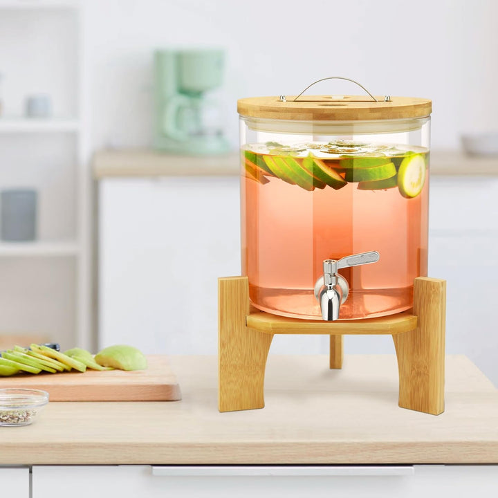 Getränkespender mit Ständer, 5L Getränkespender aus Glas mit rostfreiem Wasserhahn, Getränkespender