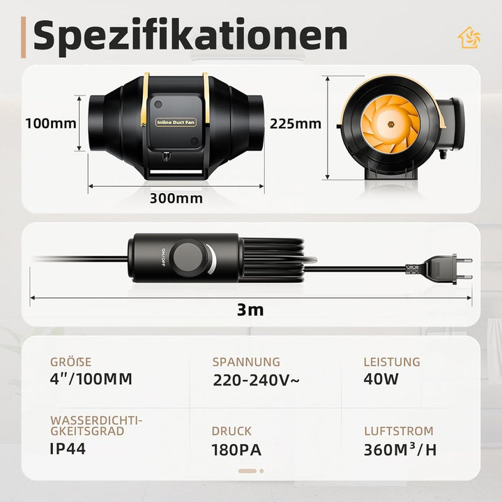 Regelbarer Rohrventilator 100mm mit Drehzahlregler, leiser Inline Abluftventilator Belüftung mit Dop