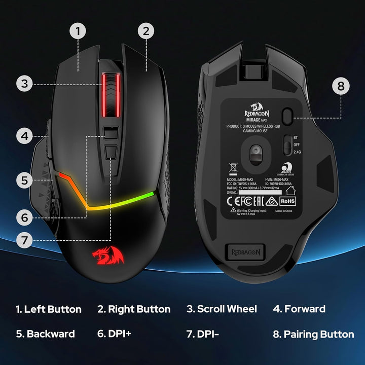 Redragon M690 3-Modus Wireless Gaming Maus 8000 DPI Kabelgebundene/Kabellose Gamer Maus mit Schnellf