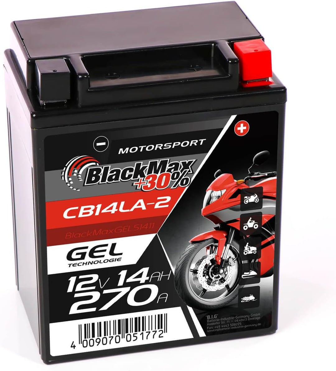 BlackMax YB14L-A2 GEL Motorradbatterie 12V 14Ah Batterie 51411 12N14-3A FB14L-A2 14Ah - 230A - YB14L
