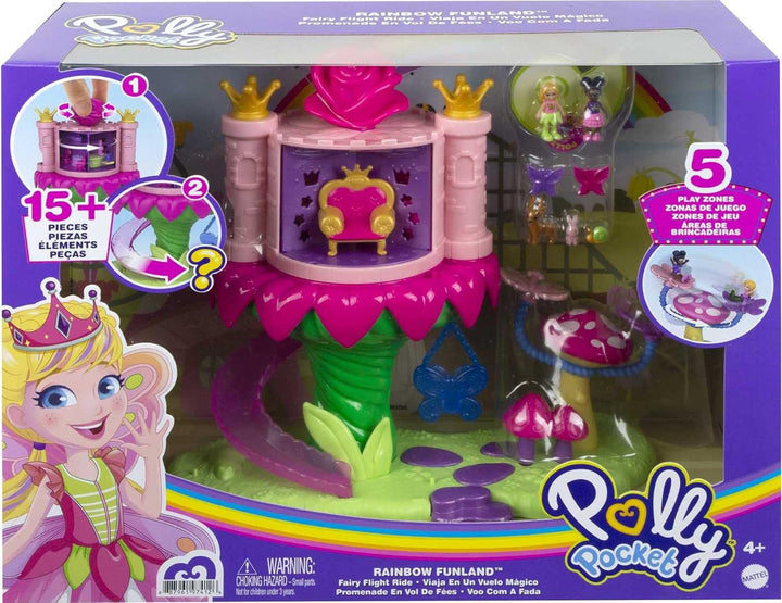 Polly Pocket GYK43 - Regenbogen-Einhornspass Feenflug, 2 Puppen und 15 Überraschungen, Spielzeug ab