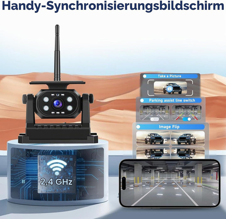 Hodozzy Kabellose Rückfahrkamera Solar Stabiles WiFi, 1080P Rückfahrkamera Auto mit Wasserdicht, Sol