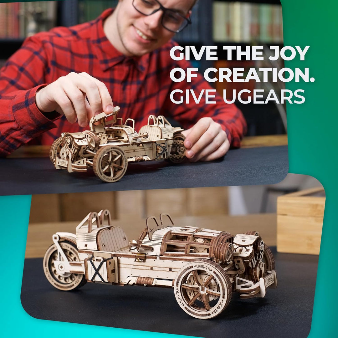 UGEARS Dreiradfahrzeug UGR-S - 3D Holzpuzzle Motorrad - Auto 3D Puzzle Modellbausatz für Erwachsene