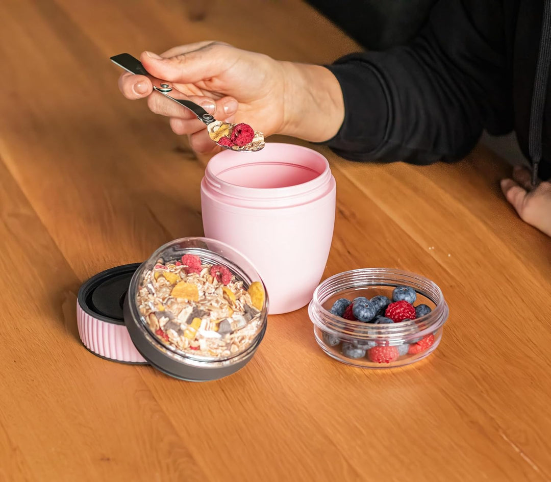Milu Müslibecher to go 400ml MüsliMax Plastik Joghurtbecher für Müsli I auslaufsicherer Becher mit L
