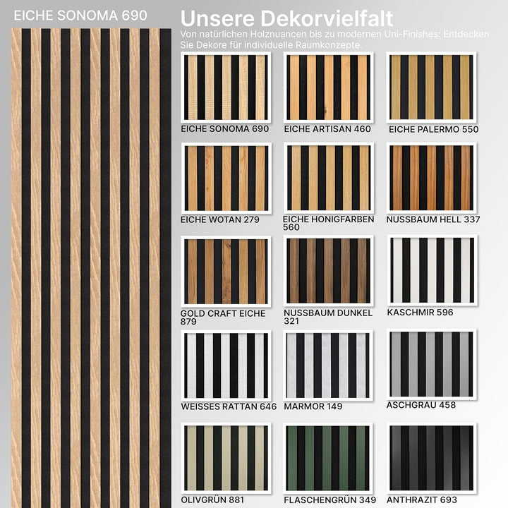 Akustikpaneele Spazio - 260 cm x 54 cm* set - (set = 2 Stück 260 cm x 27 cm) | Farbe: Eiche Sonoma |