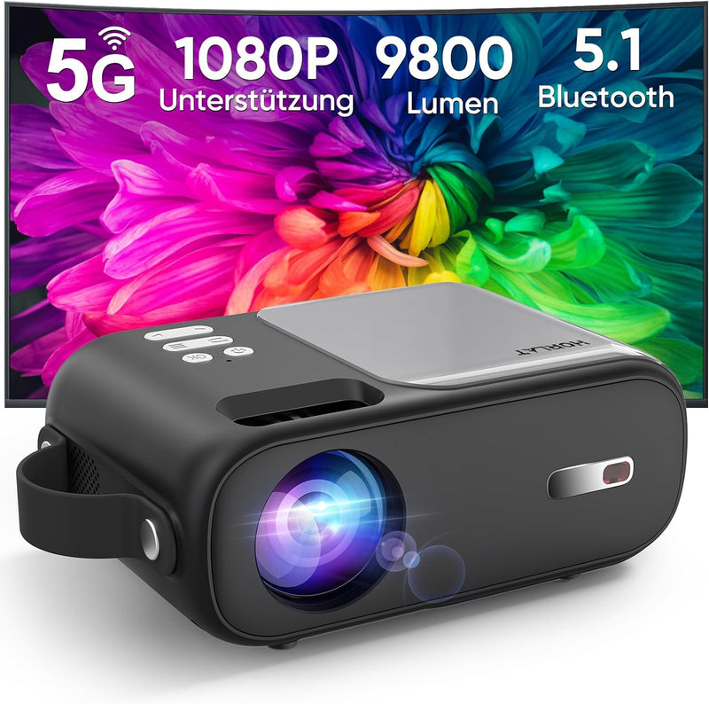 Mini Beamer, 5G WiFi Bluetooth Beamer Full HD 1080P Unterstützt, HORLAT Beamer klein 9800 Lumen Trag