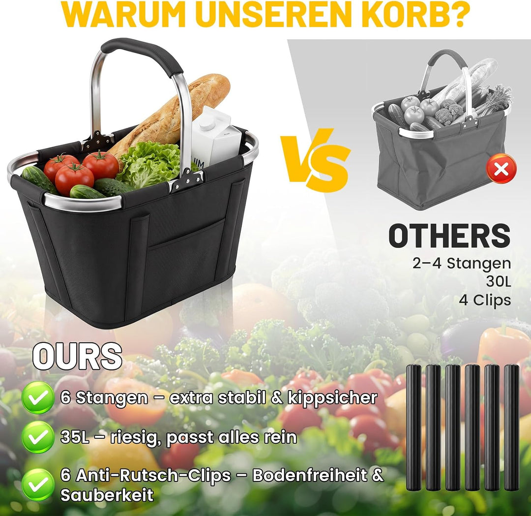 Einkaufskorb Faltbar 35L, Tragekorb aus 600D Oxford, 6 Stützstangen
