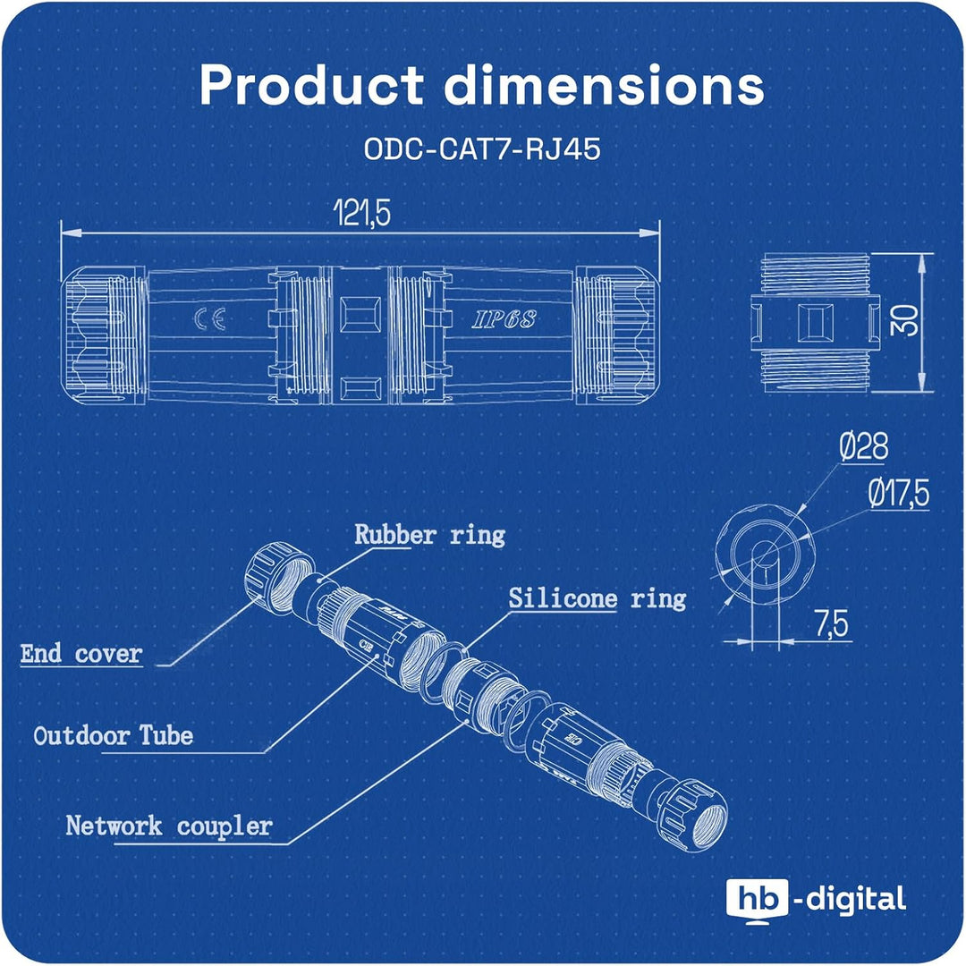 hb-digital 2X RJ45 Patchkabelverbinder CAT. 7 Outdoor IP68 Wasserdicht Ethernet Kupplung Netzwerkkab