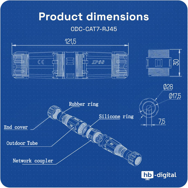 hb-digital 2X RJ45 Patchkabelverbinder CAT. 7 Outdoor IP68 Wasserdicht Ethernet Kupplung Netzwerkkab
