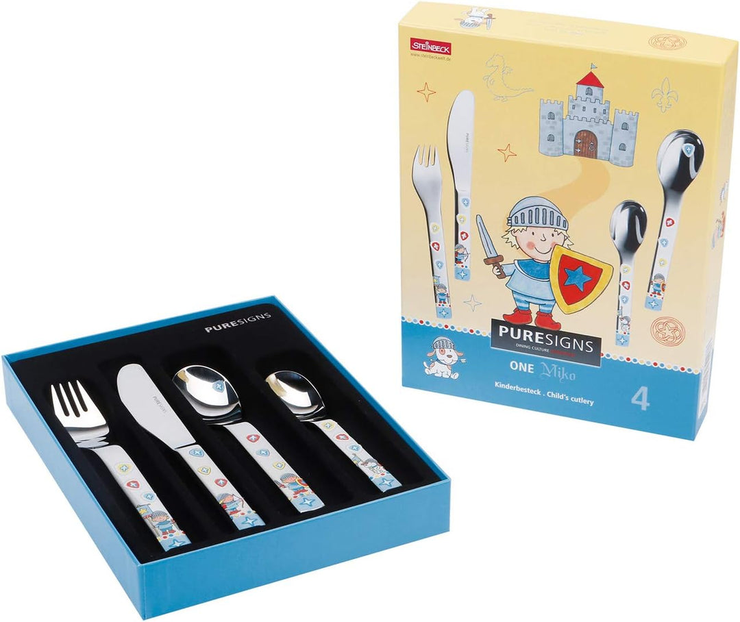 Puresigns ONE Miko Kinderbesteck mit neidlichen Ritter Motiven 4-teilig ergonomisch geformt peferkt