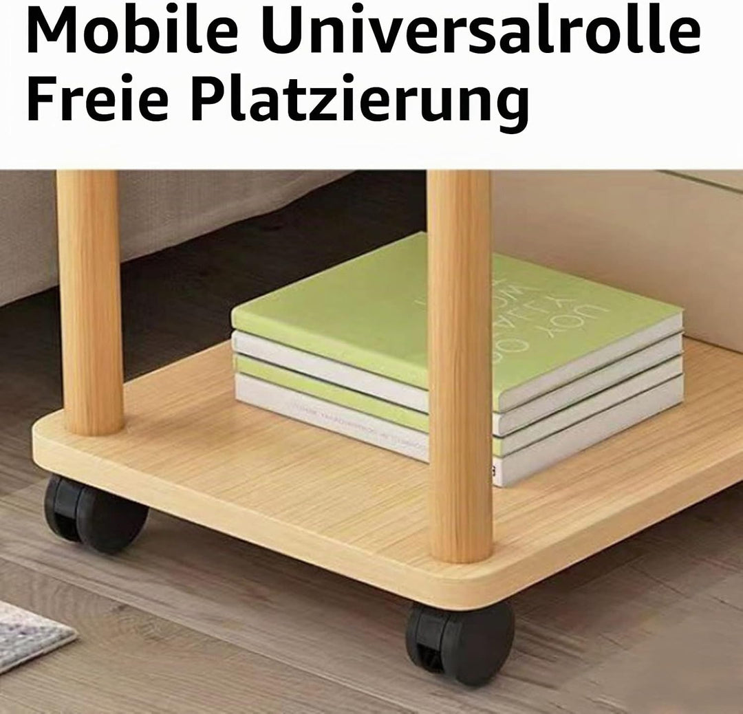 Beistelltisch, 2-Ebenen-Holz-Beistelltisch, 360°-drehbar auf Rollen, einfache Montage, Massivholz-So