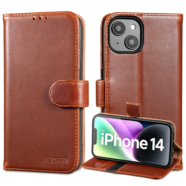 LENSUN Echtleder Hülle für iPhone 14, Leder Handyhülle [Kartenfach][Magnetverschluss][RFID Schutz] H