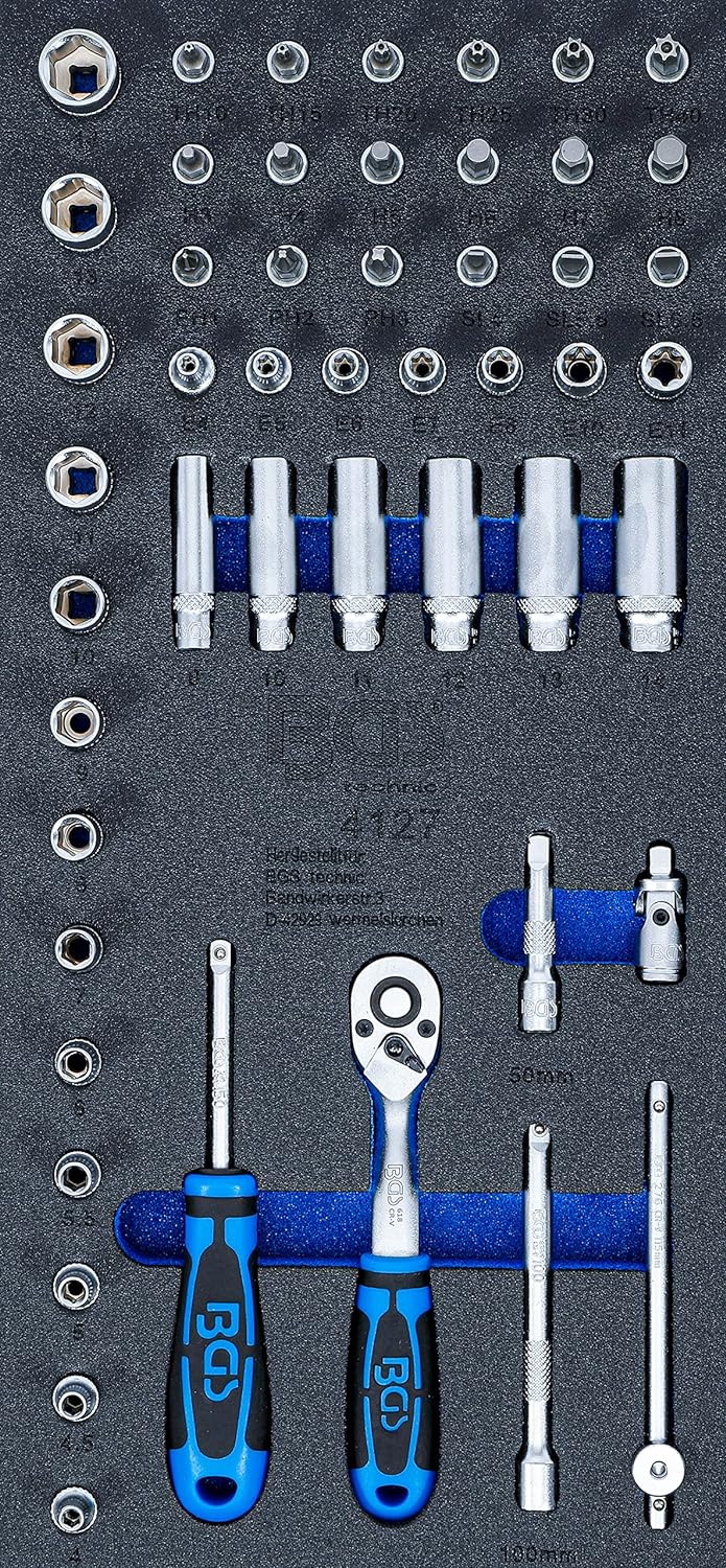 BGS 4127 | Werkstattwageneinlage 1/3: Steckschlüssel-Satz | 50-tlg. Einlage inkl. Werkzeug, Einlage