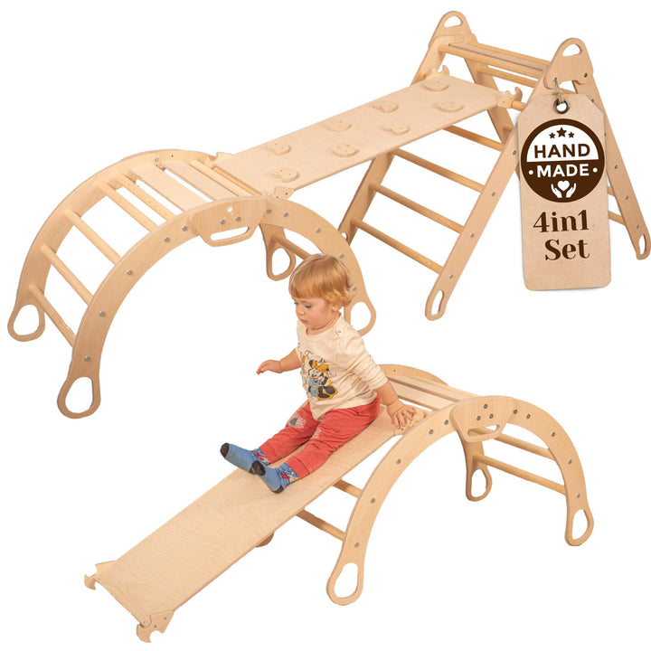 WoodsCraft 4in1 Set: Grosse Kletterbogen & Kletterdreieck mit 2in1: Rutsche Indoor/Klettern Rampe |