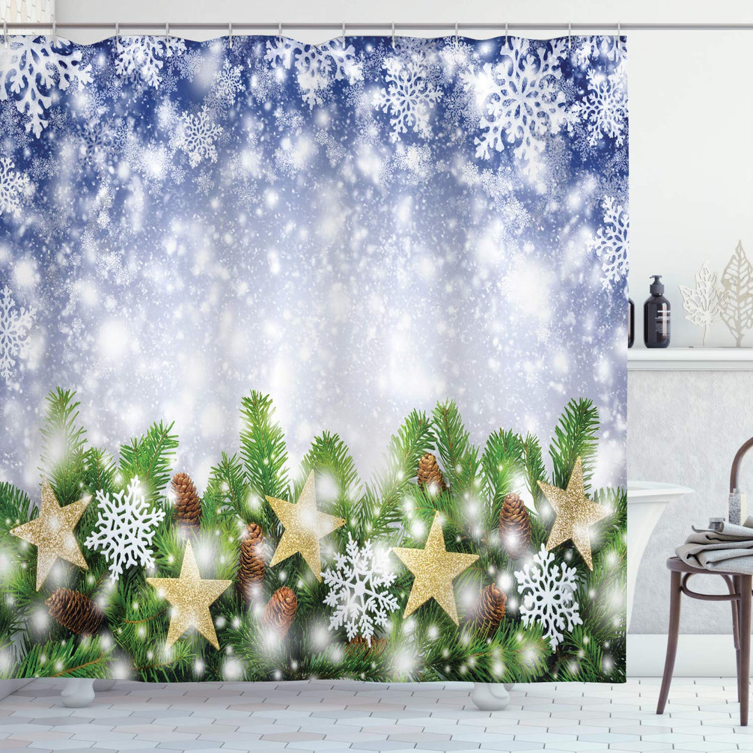 ABAKUHAUS Weihnachten Duschvorhang, Bokeh Schneeflocken, Bakterie Schimmel Resistent inkl. 12 Haken