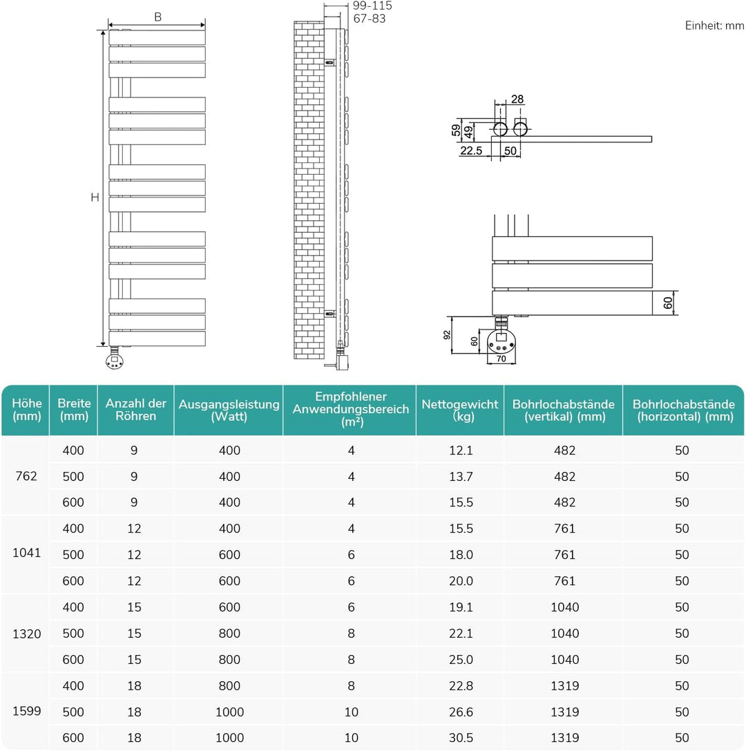 EMKE WiFi Badheizkörper Elektrisch 1599x400 mm - Flach Handtuchheizkörper Elektrisch, Elektrischer H
