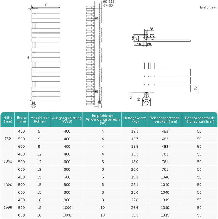 EMKE WiFi Badheizkörper Elektrisch 1599x400 mm - Flach Handtuchheizkörper Elektrisch, Elektrischer H