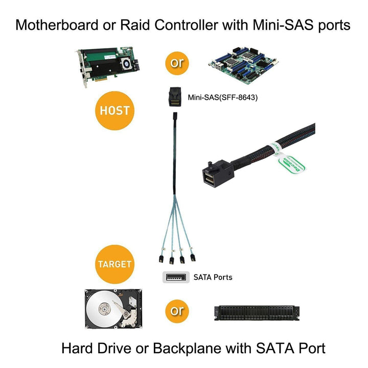 chenyang Mini SAS SFF-8643 1 zu 4 SATA 7Pin Festplatte 6Gbit/s Data Server RAID Kabel 0.5M SFF-8643