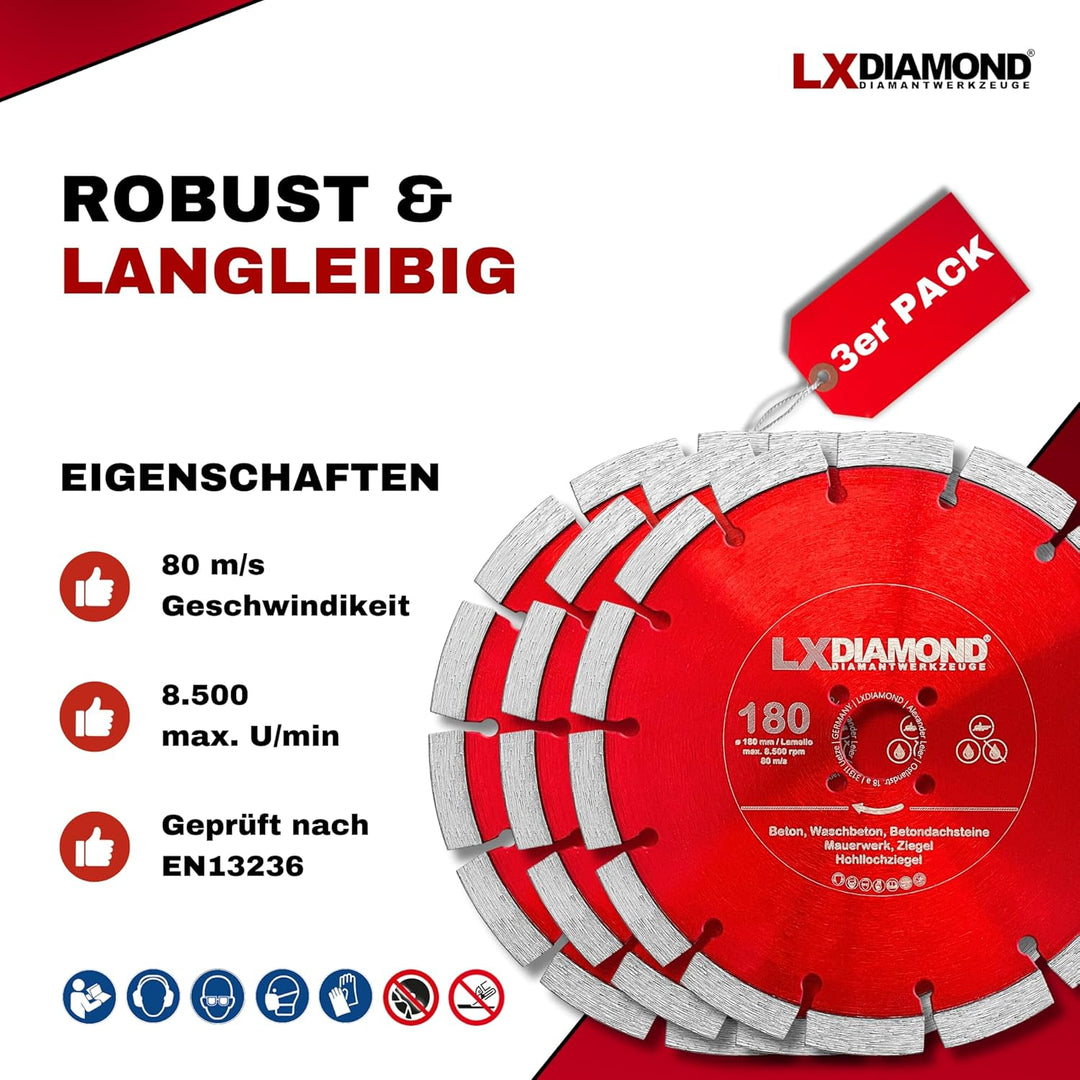 3x Diamant-Trennscheibe 180mm - geeignet für Beton Mauerwerk Universal - 180 mm Diamantscheibe passe