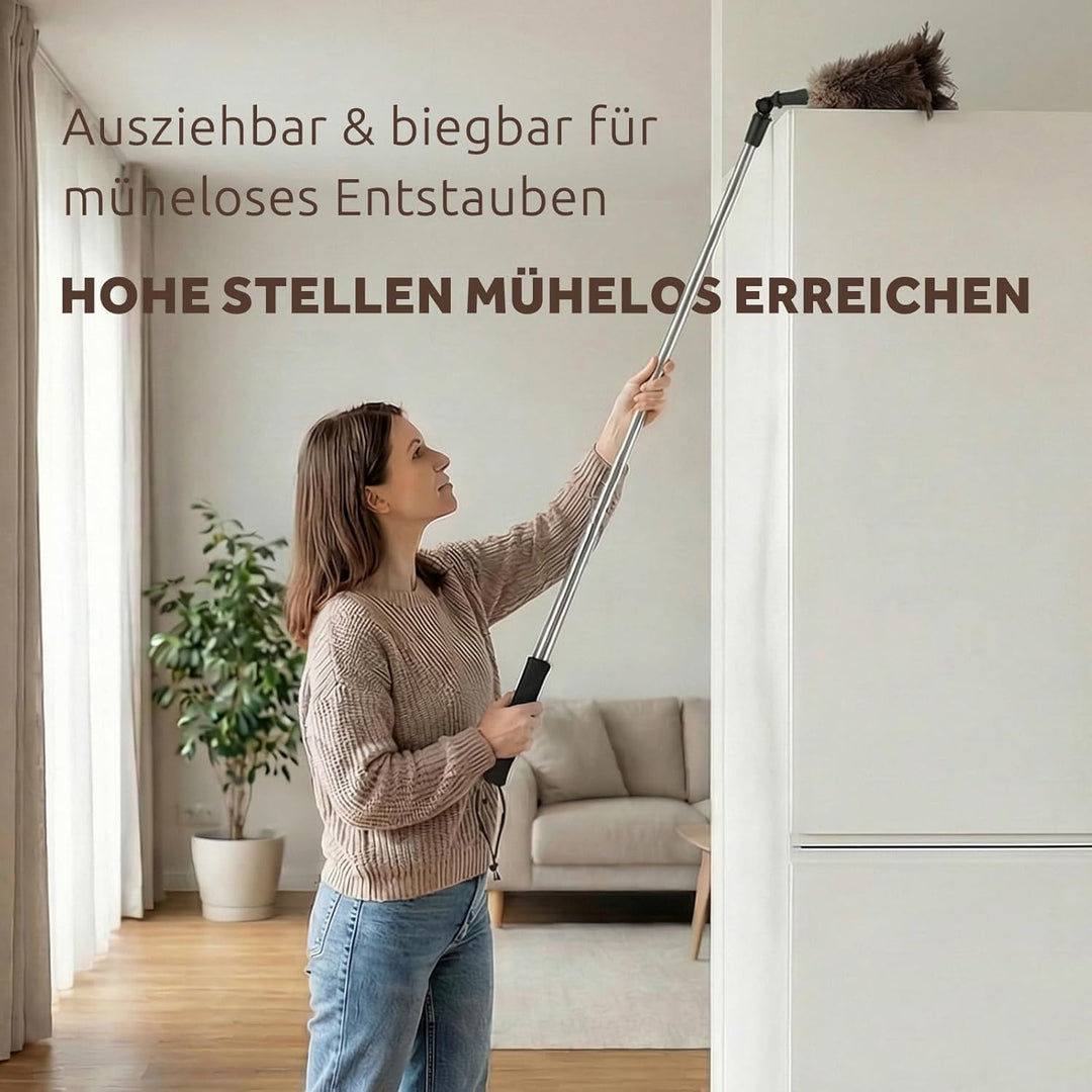 Teleskop Staubwedel aus Straussenfedern, ausziehbar bis 125 cm, waschbar, mit 180 Grad Knickkopf, fü