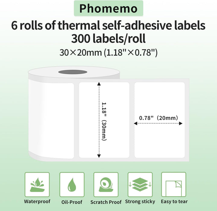 Phomemo M110 Etiketten - 6 Rollen M110/M220/M221/M120/M200 Thermo-Etikettenpapier 30x20mm (1.18„ x 0