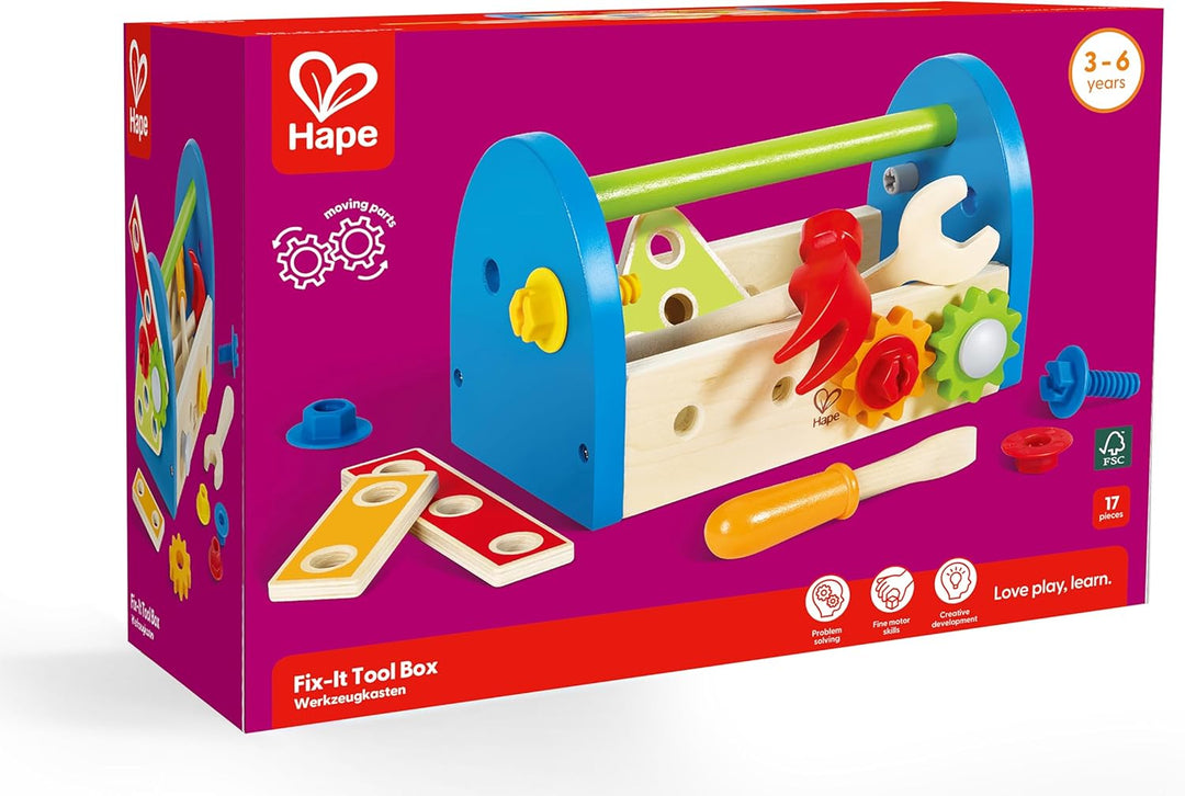 Hape Werkzeugkasten - aus Holz mit Zubehör, farbenfrohe Werkbank Hammerspielset für Kinder, Motorik-