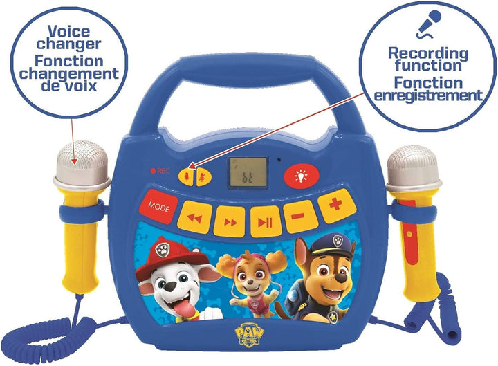 Lexibook MP320PAZ Paw Patrol-Tragbarer digitaler Karaoke-Player für Kinder-Mikrofone, Lichteffekte,