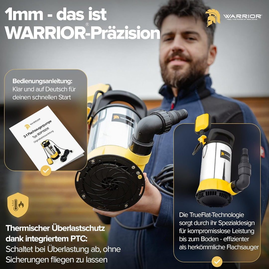 WARRIOR® 3in1 Schmutzwasserpumpe flachsaugend [TESTSIEGER] SentinelFlat Pro 1100W mit SnapLock-Syste