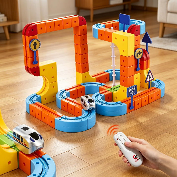 Cube Track Set 149pcs, Elektrisches Eisenbahnset mit Fernbedienung, 2 Züge (1x ferngesteuert), Flexi