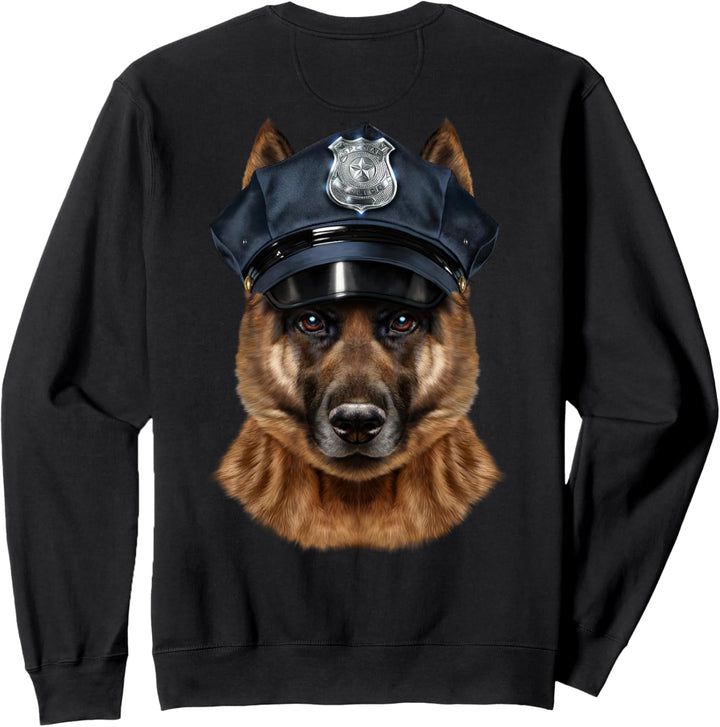 Deutscher Schäferhund trägt einen Polizeihut Sweatshirt